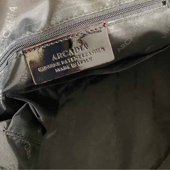 Arcadia Genuine Patent Leather Made in Italy Logo Satchel Bag Black with Red - Picture 6 of 11
